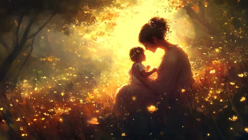 Parent and Child in Golden Ethereal Forest.