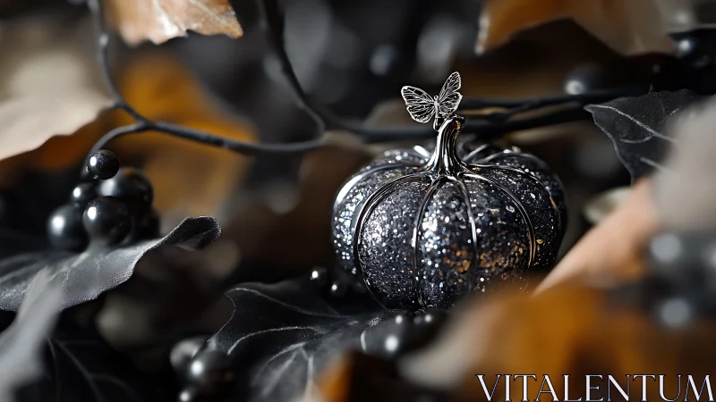 Midnight glitter pumpkin crowned by a silver whispering butterfly.