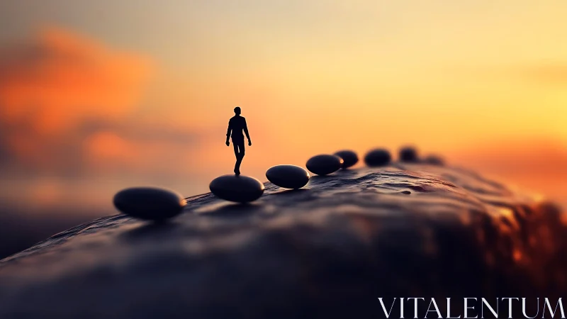 Silhouette walking on wet stones against vivid sunset sky.