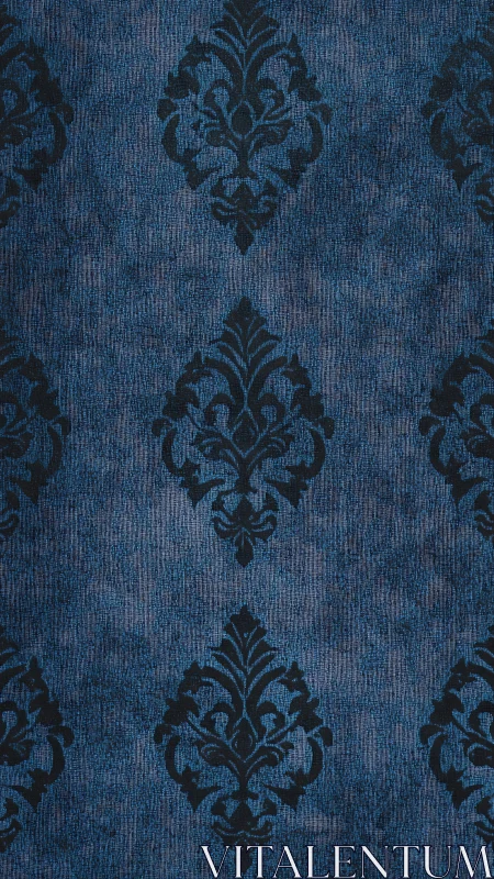 Dark damask motifs repeat across a textured blue surface