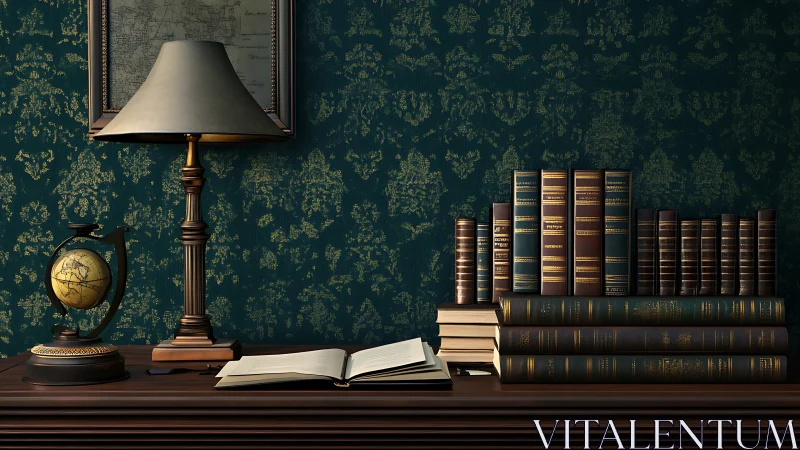 Study desk with lamp, globe and stacked leather books.