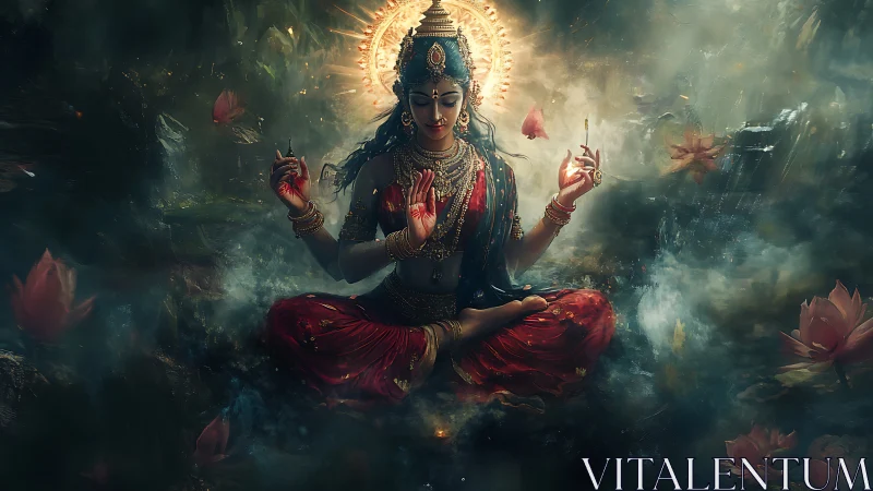 Divine multi-armed goddess in lotus pose, luminous halo, mist