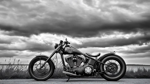 Custom bobber motorcycle under dramatic cloudy sky.