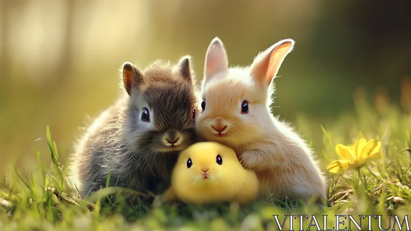 Two rabbits and a chick sit on grass in soft backlight