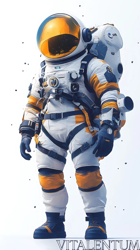 Stylized astronaut in orange-white EVA suit, high-key render.