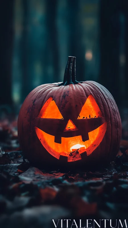 Jack-o’-lantern glows warmly in a shadowy forest setting.
