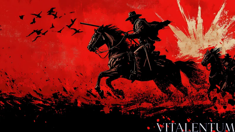 Silhouetted riders on horseback against red explosive sky.
