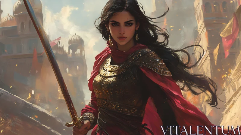 Warrior queen strides through burning citadel in defiance.