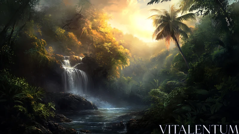 Sunlit rainforest waterfall glows through misty emerald canopy