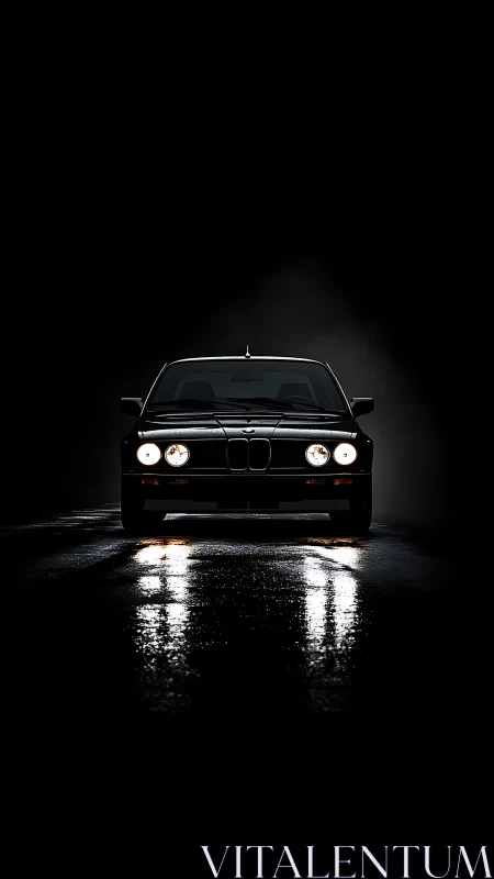 Midnight coupe prowls through darkness on slick neon asphalt.