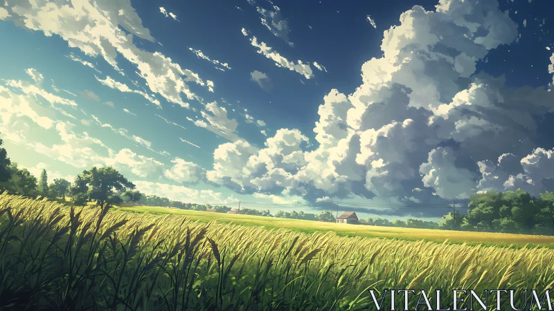 Summer clouds drifting over golden country fields.