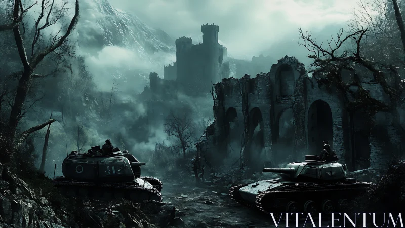 Digital warscape with armored tanks amid ruined castle stronghold.