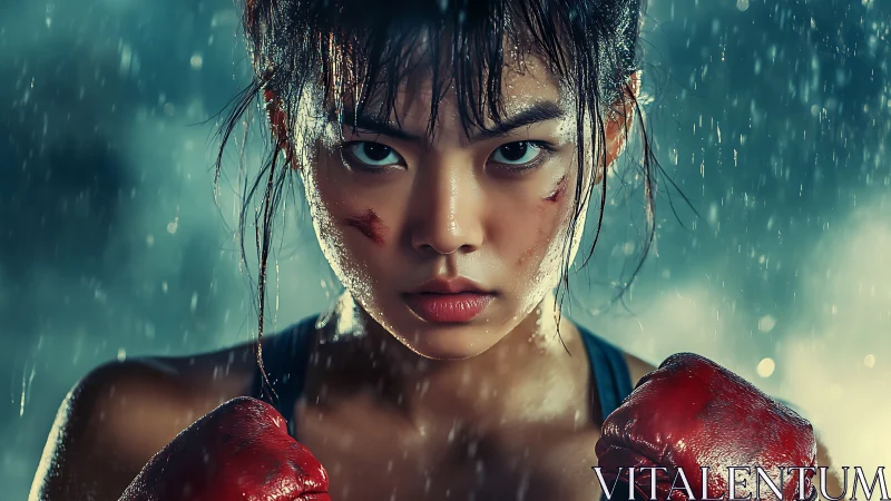 Young Boxer in Rain With Determined Expression.