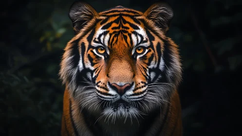 Symmetrical tiger portrait with high contrast fur and focused gaze