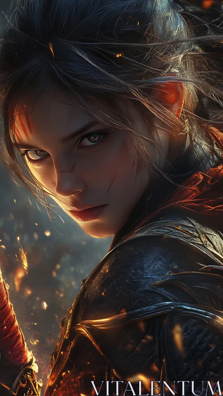 Battle-scarred warrior woman in ember-lit fantasy armor