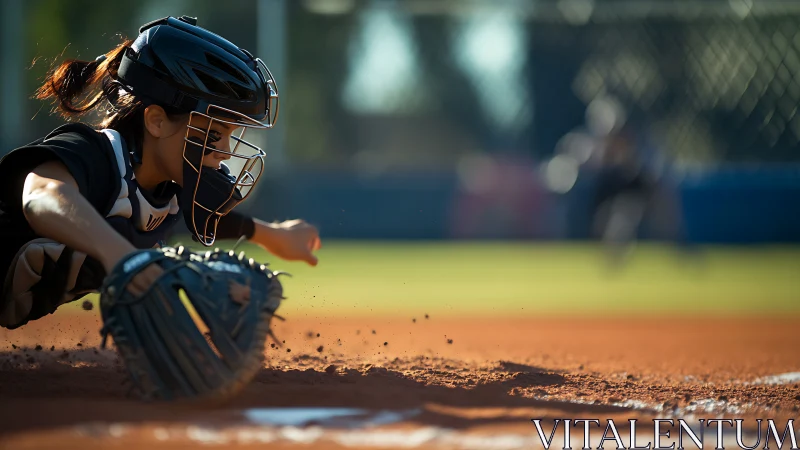 High-speed softball catcher dive across infield dirt plane.