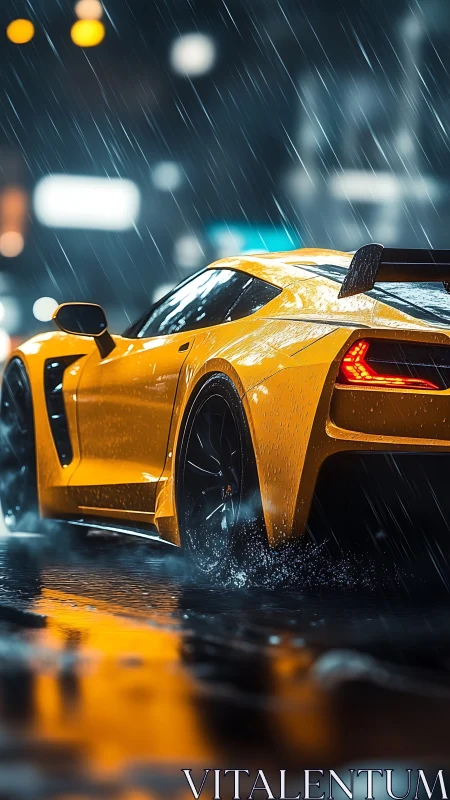 Yellow supercar in cinematic rain with reflective wet asphalt