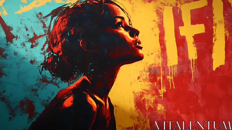 Side-lit profile portrait merges teal and red abstraction