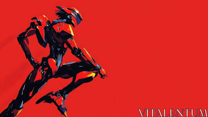Armored humanoid robot sprints across flat red background