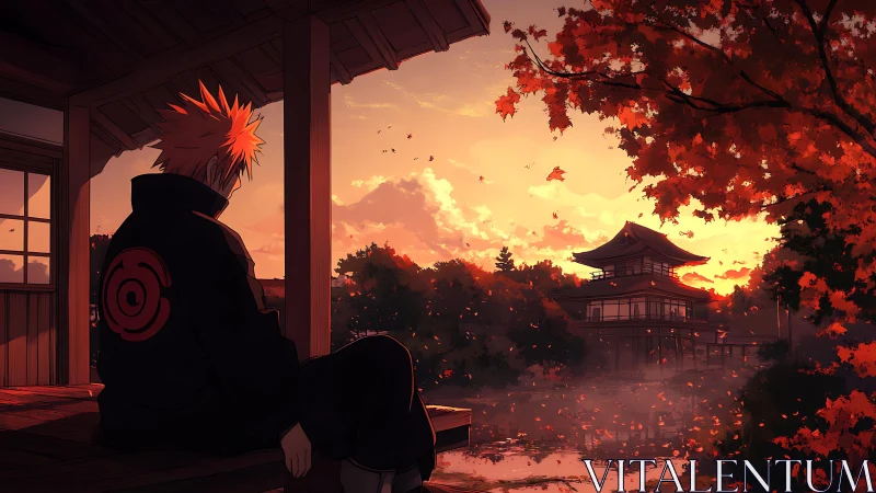 Quiet autumn anime sunset over tranquil lakeside temple.