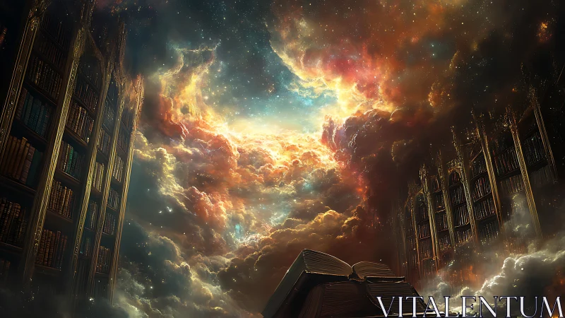 Expansive digital library scene intersects with luminous sky