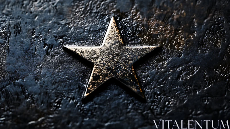 Weathered golden star resting on a dark textured surface.