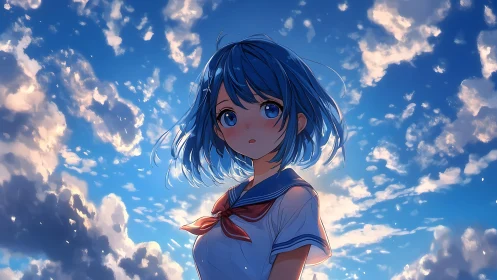 Blue haired dreamer pauses beneath a wind tossed summer sky
