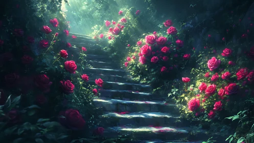 Enchanted Garden Pathway Through Blooming Roses.
