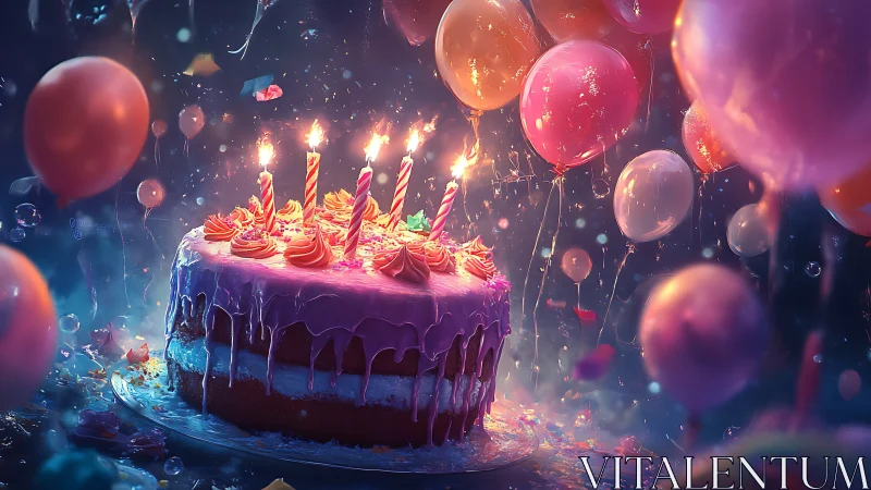 Luminous Birthday Cake with Glowing Candles and Floating Balloons.