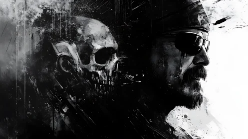 Grim biker and lurking skull collide in ink-slashed chiaroscuro.