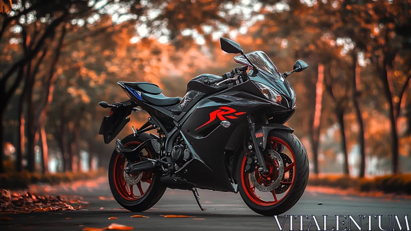 Sport motorcycle waits on tree-lined road at warm sunset light