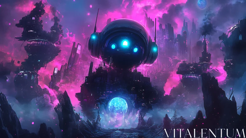 Cyberpunk orbital core above neon-ruined megacity skyline.