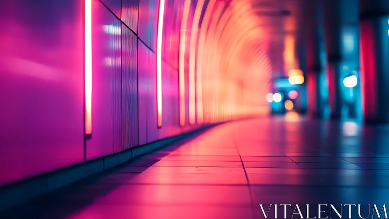 Neon tunnel glows with soft pink and blue urban light