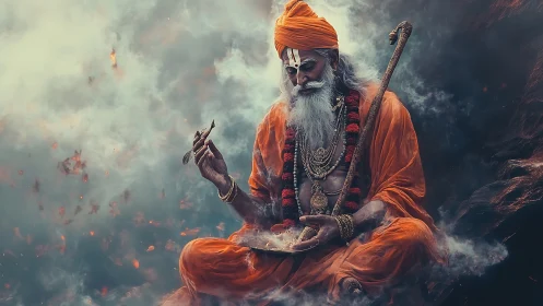 Mystical orange robed sage meditating in swirling smoke.