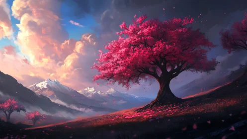 Blossoming crimson tree guarding snowlit mountain dreams.