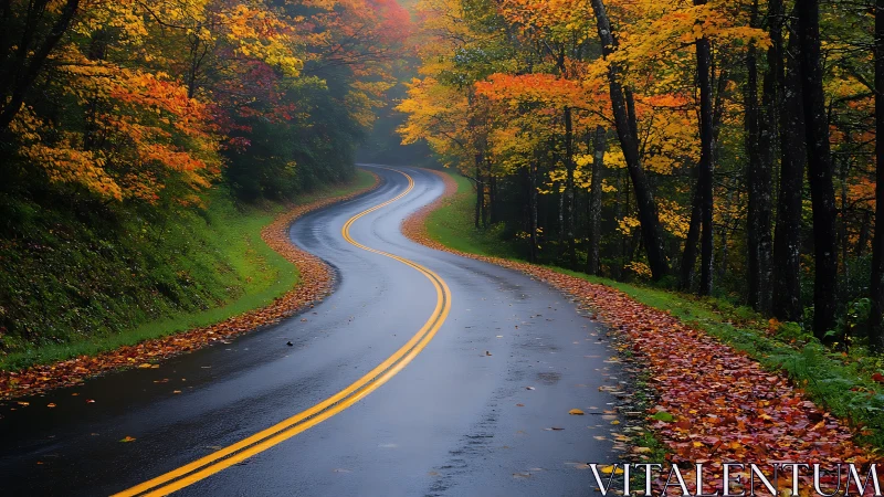 Curving wet road passes through dense autumn forest landscape