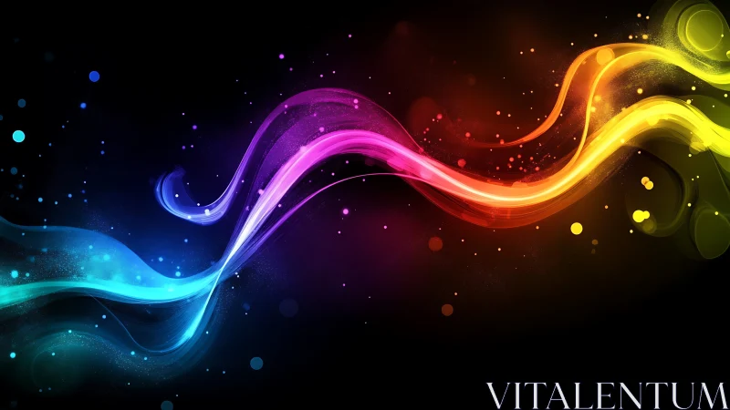 Neon light waves stream across dark cosmic gradient field.