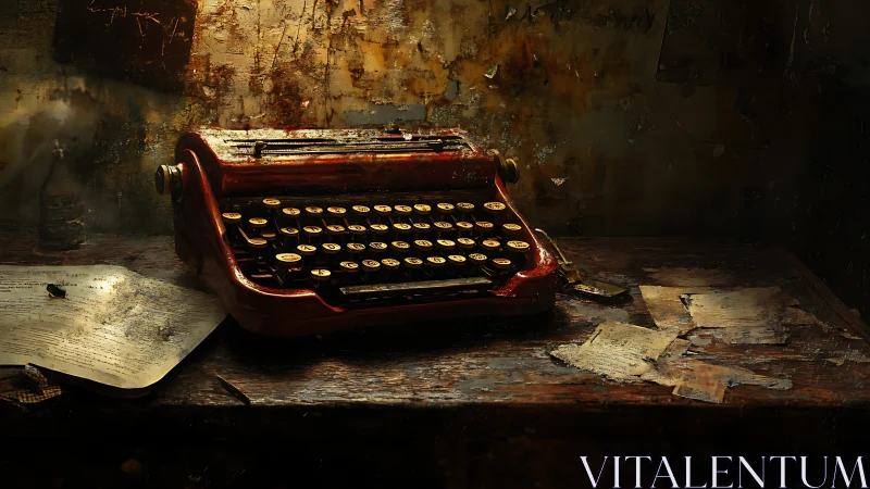Timeworn red typewriter waits quietly on a cluttered desk