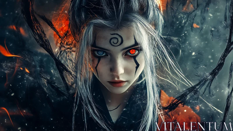 Demonic eyed sorceress with silver hair in fiery void.