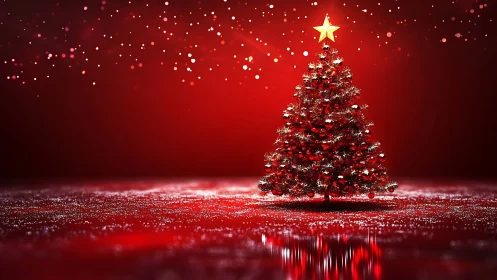 Red monochrome Christmas tree rendered with reflective ground