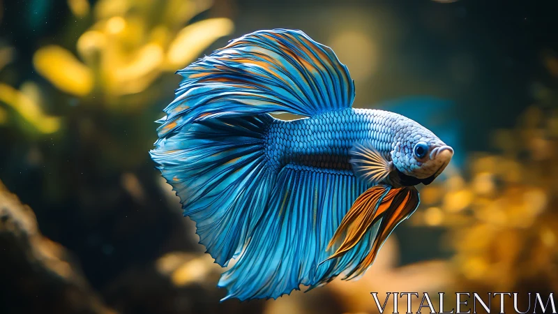 Macro portrait of flowing blue betta fish in warm bokeh tank