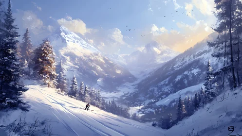 Lone skier descending through wide snowy mountain valley.