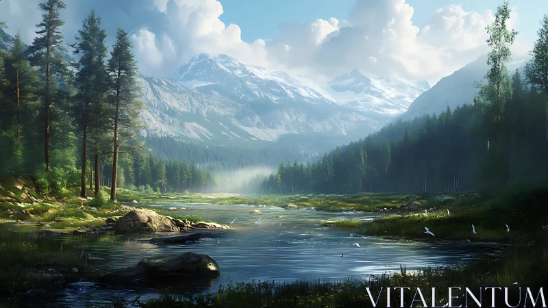Digital painting of alpine river valley with dramatic depth of field.