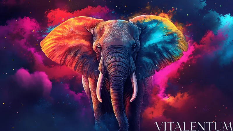 Nebula-touched elephant strides through cosmic color storms.