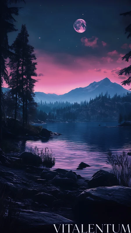 Luminous moonrise paints a tranquil alpine lake in violet glow.