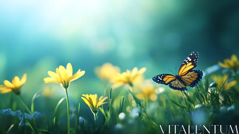 Sunlit meadow moment with a butterfly in soft bloomlight.