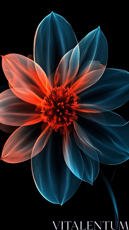 Luminous abstract flower in red and blue translucent petals.