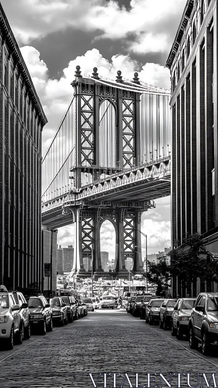 Monochrome street perspective framing steel suspension bridge