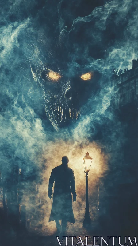 Silhouetted figure walks under lamplight beneath smoky skull form