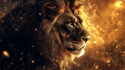 Golden starlit lion in quiet, glowing profile view.